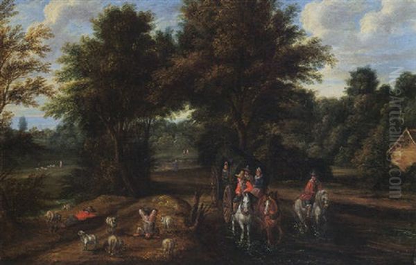 A Wooded Landscape With Travellers In A Horse-drawn Carriage With A Horseman And Shepherds With Their Sheep Oil Painting by Pieter Bout