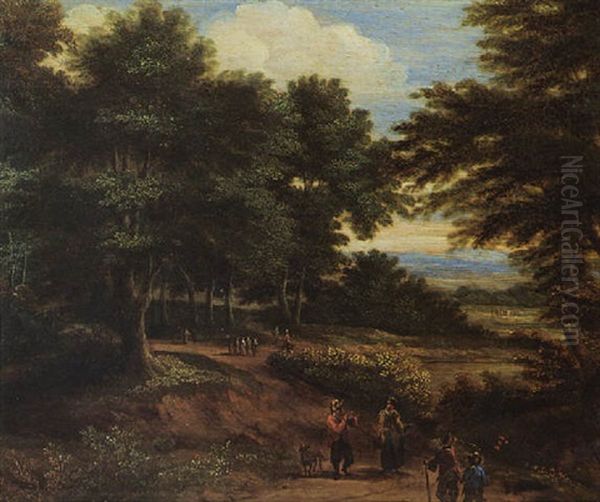 A Wooded Landscape With Travellers On A Path Oil Painting by Pieter Bout