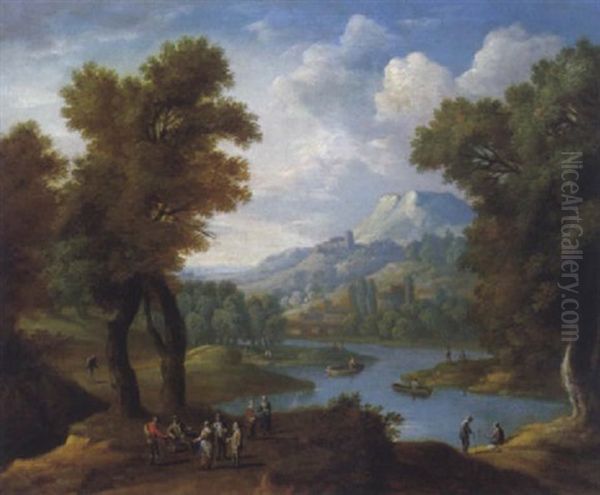 Bewaldete Fluslandschaft Mit Figuren Und Booten Oil Painting by Pieter Bout