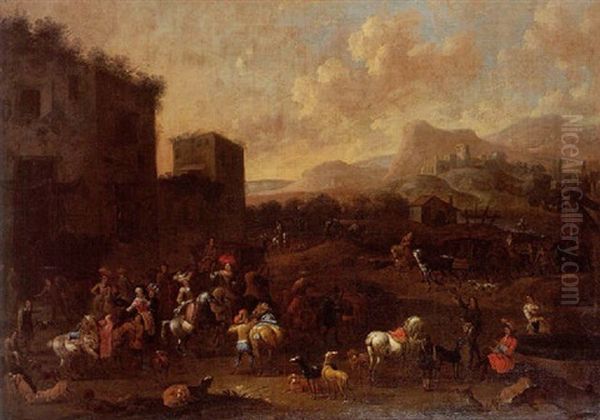 Une Reunion De Cavaliers Au Pied D'une Forteresse En Ruine Oil Painting by Pieter Bout