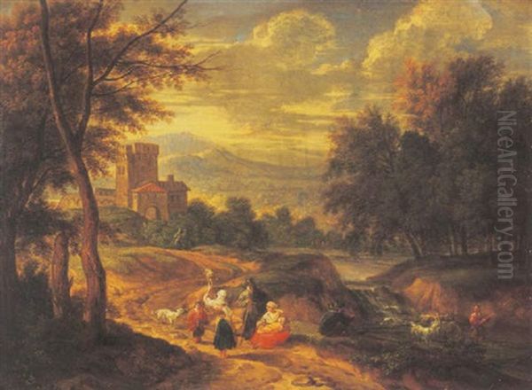 A Wooded Landscape With Travellers Resting On A Path By A Waterfall, A Castle And A Mountainous Landscape Beyond Oil Painting by Pieter Bout