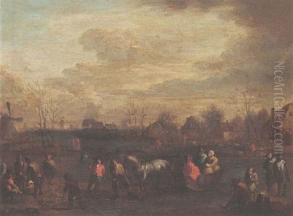 A Winter Scene With A Horse-drawn Sleigh And Skaters Oil Painting by Pieter Bout