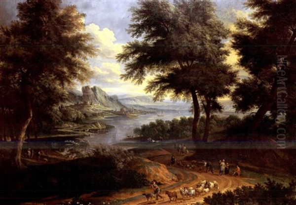 An Extensive Rhineland Landscape With A Shepherd Playing A Flute With His Livestock On A Country Path Oil Painting by Pieter Bout