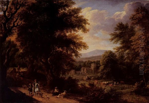 A Wooded Landscape With Travellers On A Path, A Cowherd And His Livestock, With A Castle And Mountains Beyond Oil Painting by Pieter Bout