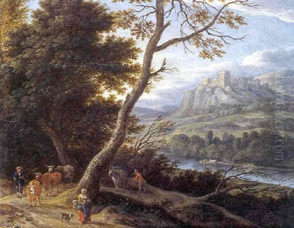 Paysage Fluvial Avec Bergers Et Troupeau Sur Un Chemin Forestier Oil Painting by Pieter Bout