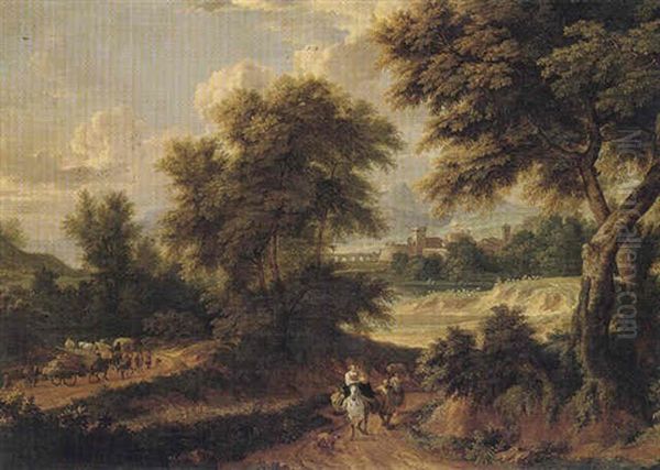 A Classical Landscape With A Wagon Train And Pedestrians On A Road by Pieter Bout