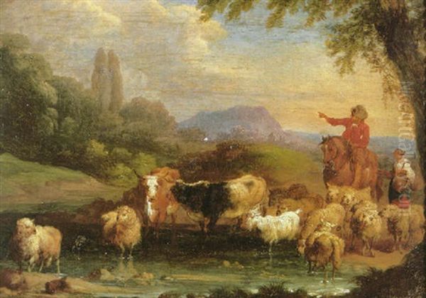 A Man On Horseback Conversing On A Path, Leading His Livestock Across A River, Mountains Beyond Oil Painting by Pieter Bout