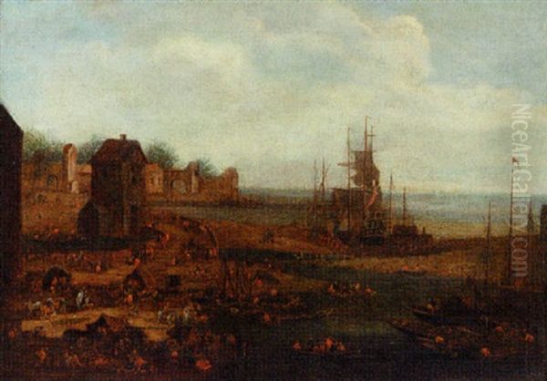 A Harbour Scene With Travellers In Tents Along The Coastline Oil Painting by Pieter Bout