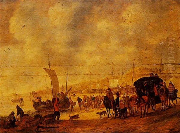 A Beach Scene With Fishermen Unloading Their Catch, And A Horse-drawn Carriage To The Right Oil Painting by Pieter Bout