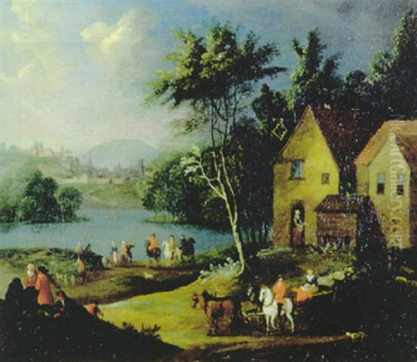 Flusslandschaft Mit Pferdefuhrwerk Und Reitern Oil Painting by Pieter Bout