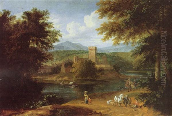 An Arcadian Landscape With A Washerwoman And Travellers, A Capriccio Of A Classical Town With Mountains Beyond Oil Painting by Pieter Bout