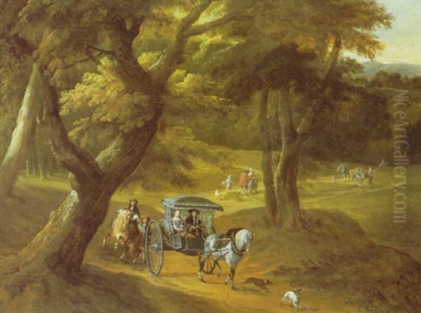 A Woodland Landscape With Elegant Company In A Horse-drawn Carriage, Travellers With Donkeys Beyond Oil Painting by Pieter Bout