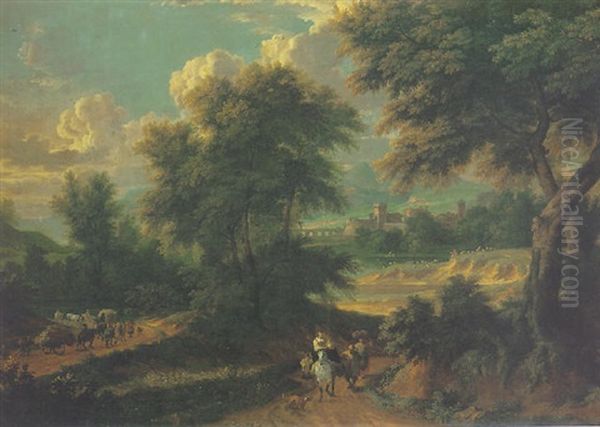 A Classical Landscape With A Wagon Train And Pedestrians On A Road Oil Painting by Pieter Bout