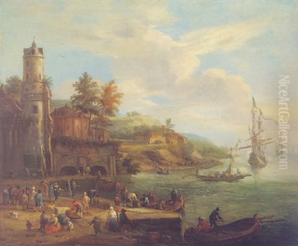 Mediterrranean Harbour Scene With Figures Loading And Unloading Barrels On A Quay, Others Resting Near By Oil Painting by Pieter Bout