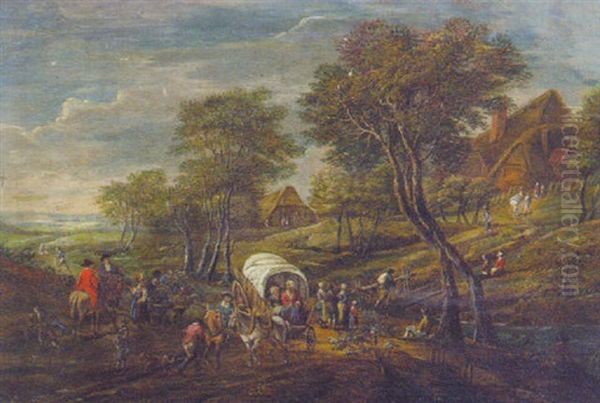 Peasants On A Track By A Stream, A Village Beyond Oil Painting by Pieter Bout