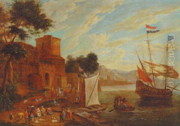 A Coastal Inlet With Figures By A Landing Stage, A Ferry And A Dutch Warship Beyond Oil Painting by Pieter Bout