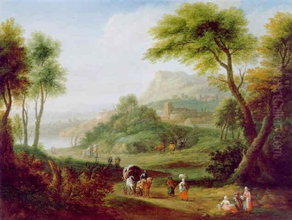 Sudliche Landschaft Mit Reisenden In Einem Planwagen Oil Painting by Pieter Bout