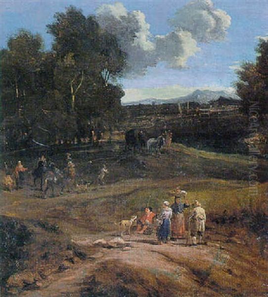 Figures In A Wooded Landscape Oil Painting by Pieter Bout