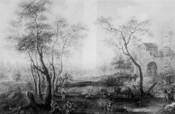 An Evening Landscape With Shepherds And Their Livestock In The Foreground, A Manor House And A Distant Town Oil Painting by Pieter Bout