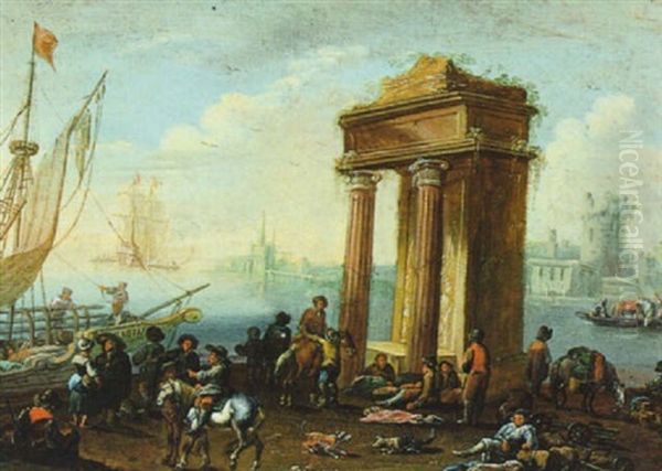 Ein Sudlicher Hafen Mit Einem Antiken Monument, Schiffen Und Vielen Figuren Oil Painting by Pieter Bout