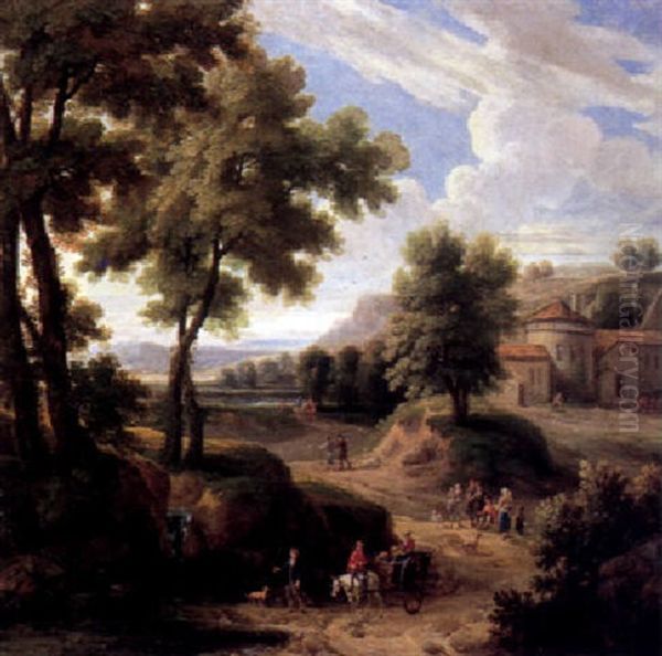 Peasants Returning From Market On A Sandy Track By A Waterfall In An Italianate Landscape Oil Painting by Pieter Bout