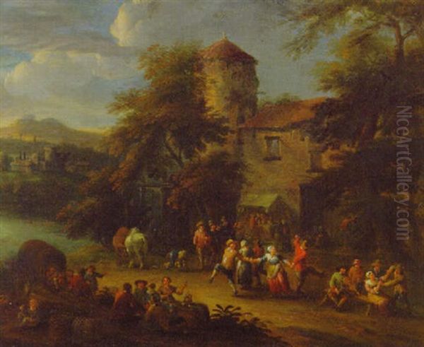 Peasants Merrymaking Outside An Inn Oil Painting by Pieter Bout