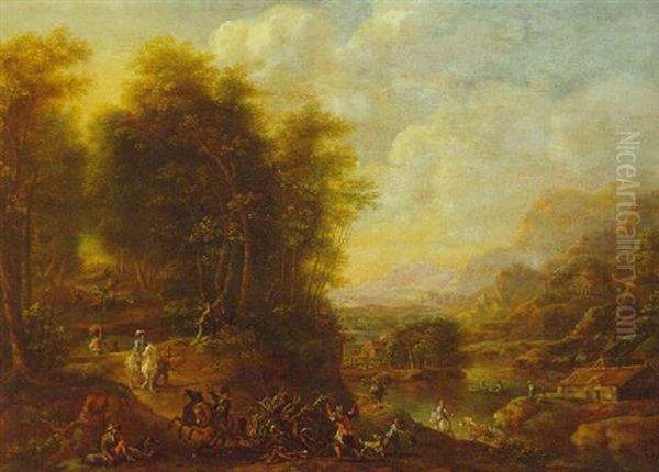 A Wooded River Landscape With Woodmen And Travellers On A Track, Cottages Beyond Oil Painting by Pieter Bout