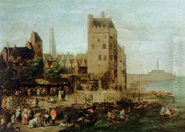 Market Scene On A Harbour Quay Oil Painting by Pieter Bout