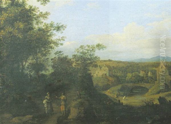 A Wooded Landscape With Travellers On A Path, A Village By A River Beyond Oil Painting by Pieter Bout