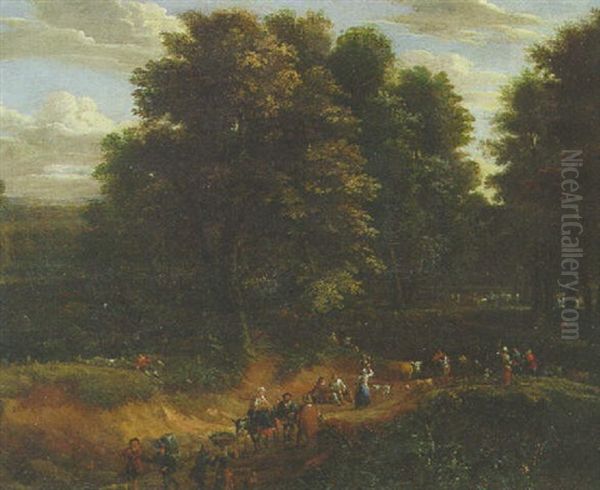 A Wooded Landscape With Drovers On A Sandy Track Oil Painting by Pieter Bout