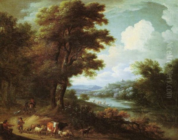 Ideale Fluslandschaft Mit Reiter, Hirten Und Vieh Oil Painting by Pieter Bout