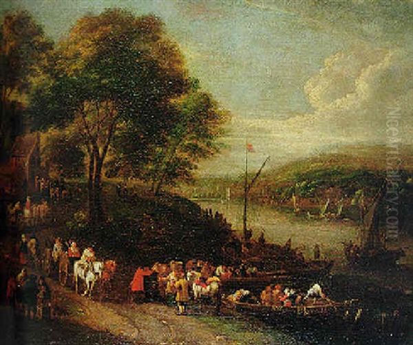 Travellers In A Wooded River Landscape With Small Craft On A River And Figures By A Ferry Oil Painting by Pieter Bout