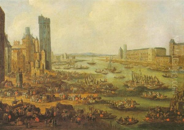 A Capriccio View Of Paris With The River Seine And The Palais Du Louvre Oil Painting by Pieter Bout