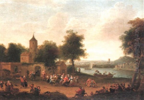 Villagers Dancing Outside The Walls Of A Village Oil Painting by Pieter Bout