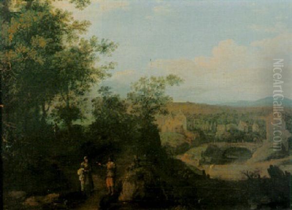 Wooded Landscape With Travellers On A Path, A Village Beyond Oil Painting by Pieter Bout