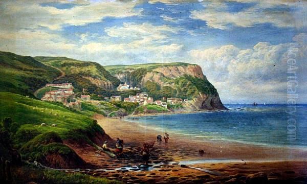 A View Of Runswick Bay, Fisherfolk And The Rolling Countryside Beyond Oil Painting by George Alexander