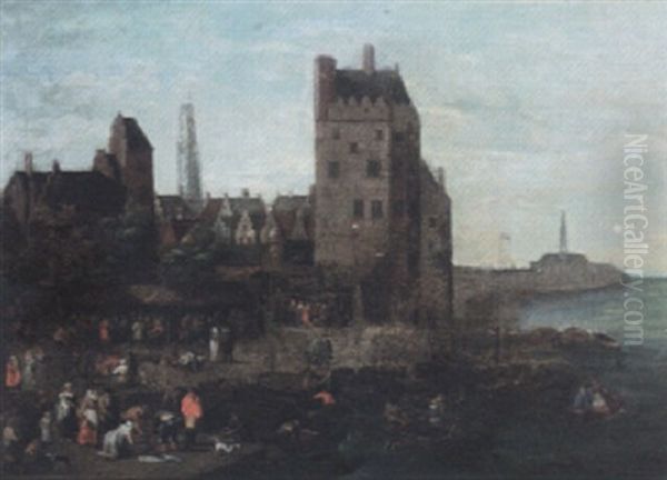 Market Scene On A Harbour Quay Oil Painting by Pieter Bout