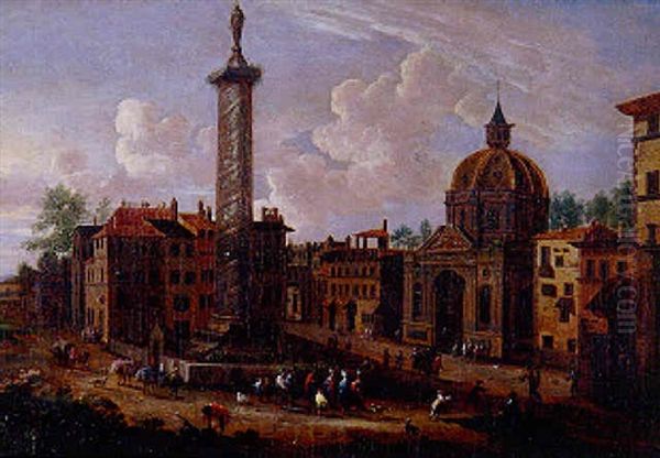 Vue De Fantaisie De La Ville De Rome Avec La Colonne Trajanne Oil Painting by Pieter Bout