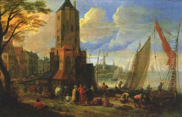 Figures And Boats By A Dutch Port Oil Painting by Pieter Bout