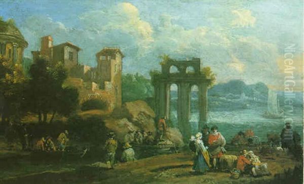 Landscape With Figures Resting Near Ruins, A Lake With Boats Beyond Oil Painting by Pieter Bout