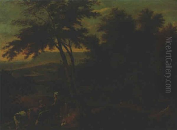 An Italianate River Landscape With Drovers On A Track Oil Painting by Pieter Bout