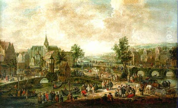 A Flemish Town With Numerous Figures In The Foreground And Horse-drawn Carriages Crossing A Bridge Oil Painting by Pieter Bout