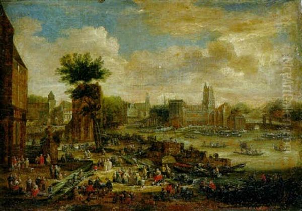 A Market In A Town On A River Oil Painting by Pieter Bout