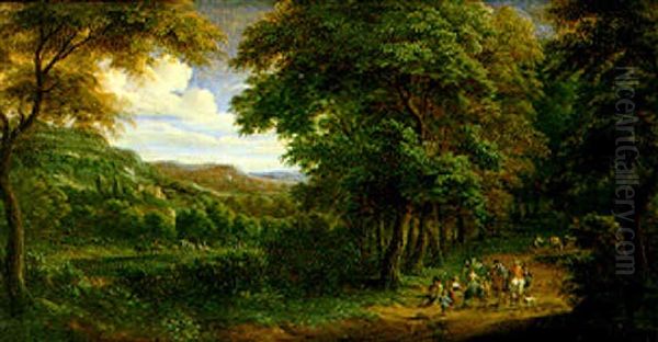 Elegant Travellers Discoursing With A Peasant Family On A Wooded Track Oil Painting by Pieter Bout