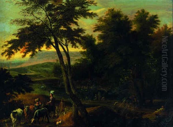 An Italianate River Landscape With Drovers On A Track Oil Painting by Pieter Bout