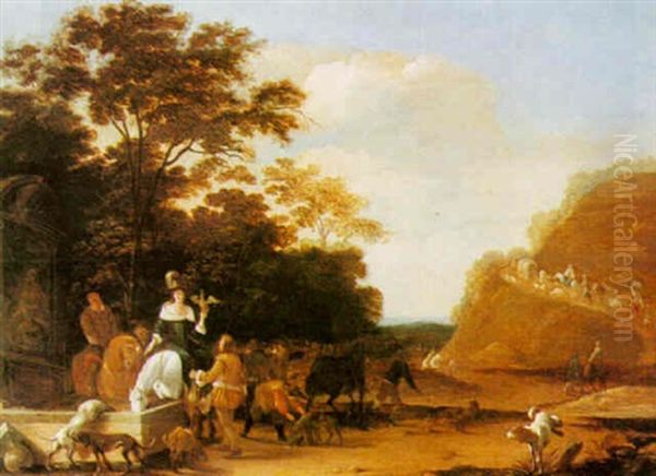 Landscape With A Hawking Party Resting By A Cistern Oil Painting by Pieter Bout