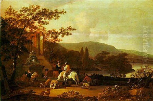 An Elegant Hunting Party Halting By A Sculpted Fountain In An Italianate River Landscape Oil Painting by Pieter Bout