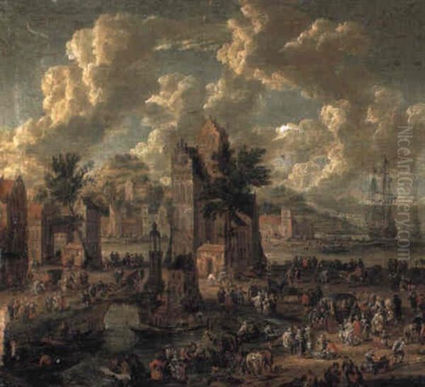 A Capriccio Of A Harbour With Numerous Figures Oil Painting by Pieter Bout