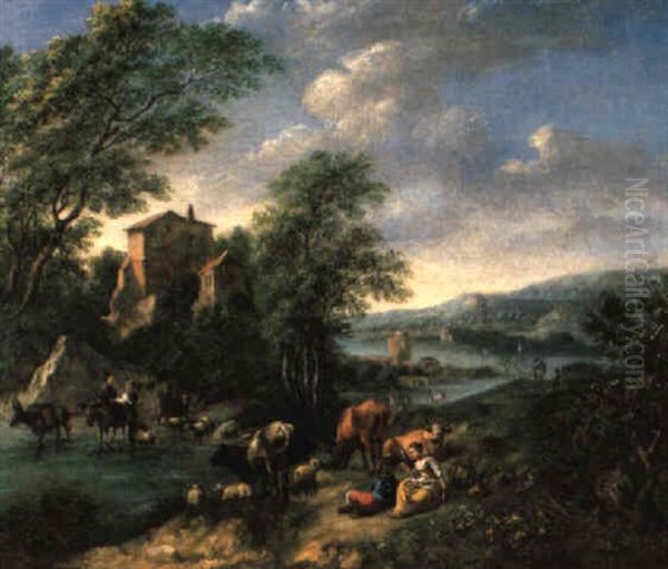 Fluslandschaft Mit Hirten Und Herde Oil Painting by Pieter Bout