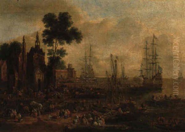 Peasants Loading Waggons In A Harbour Oil Painting by Pieter Bout